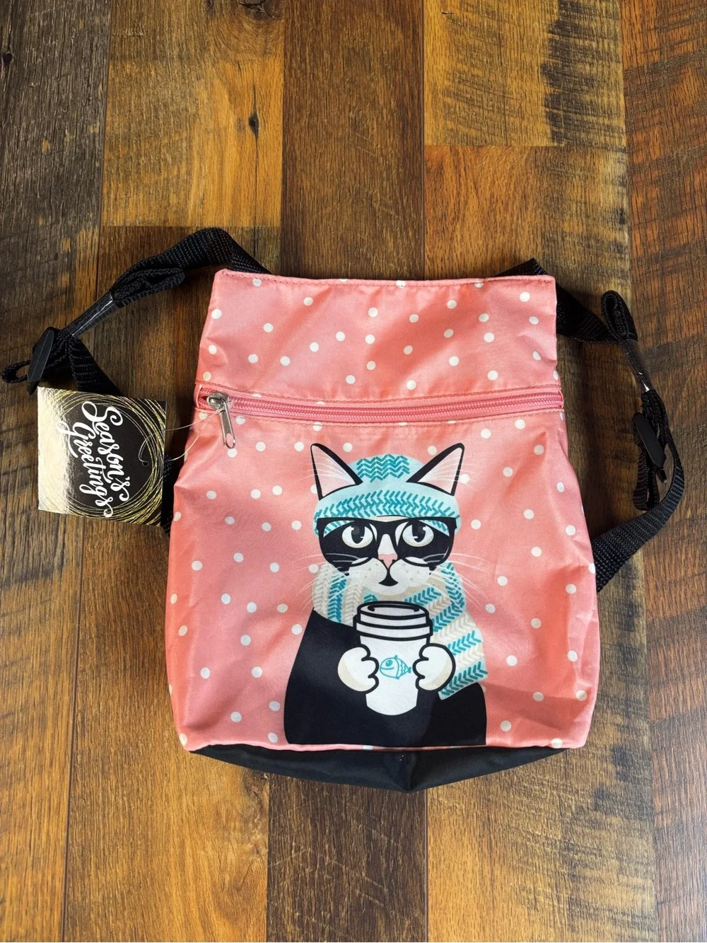 Pink Polka Dot Cat Crossbody Bag with Coffee Graphic